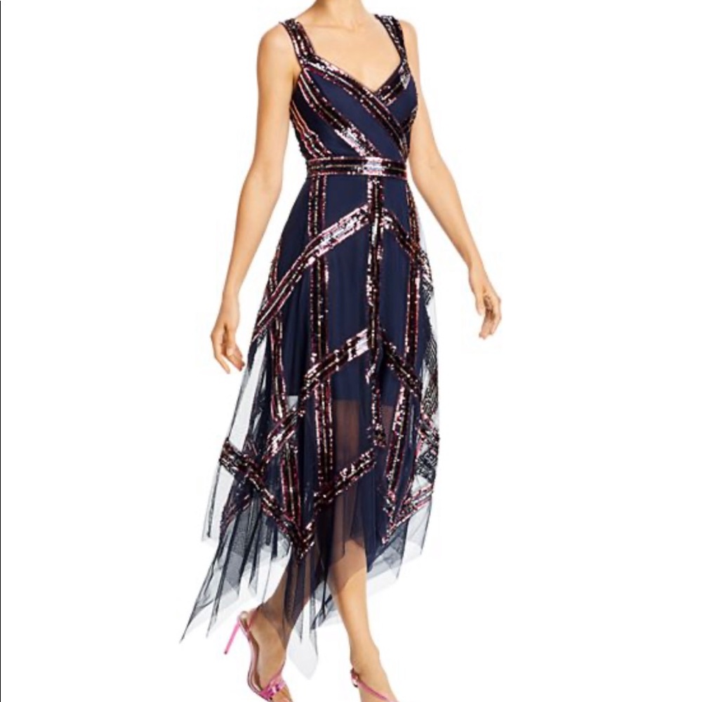 NWT BCBG sequin tulle handkerchief dress